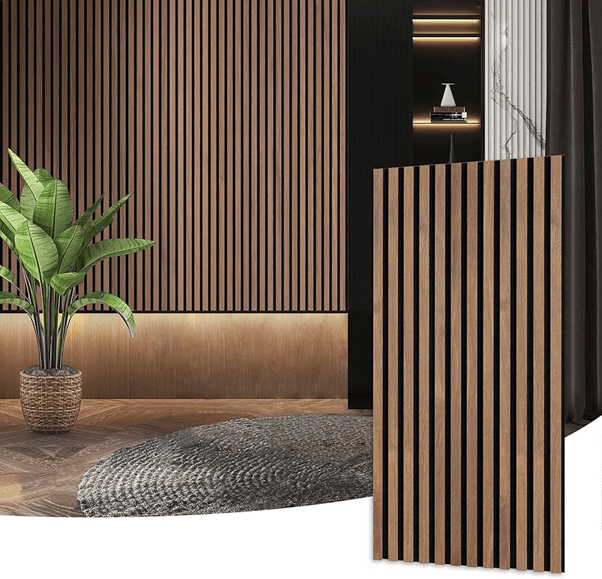 Wood-look fluted panels with profile lighting on a living room TV wall