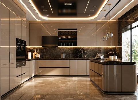 Modular kitchen with practical storage and countertop space in an Indirapuram flat Yeh alt text tab use karein jab image mein yahi features hon.