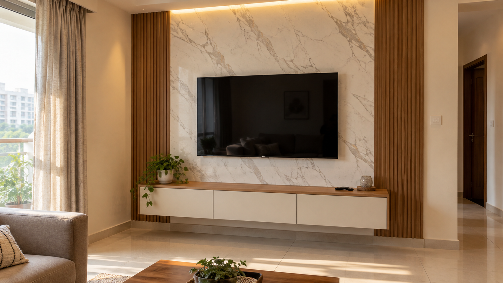 TV wall design concept with marble-look backdrop, wooden fluted side panels and a floating storage console.